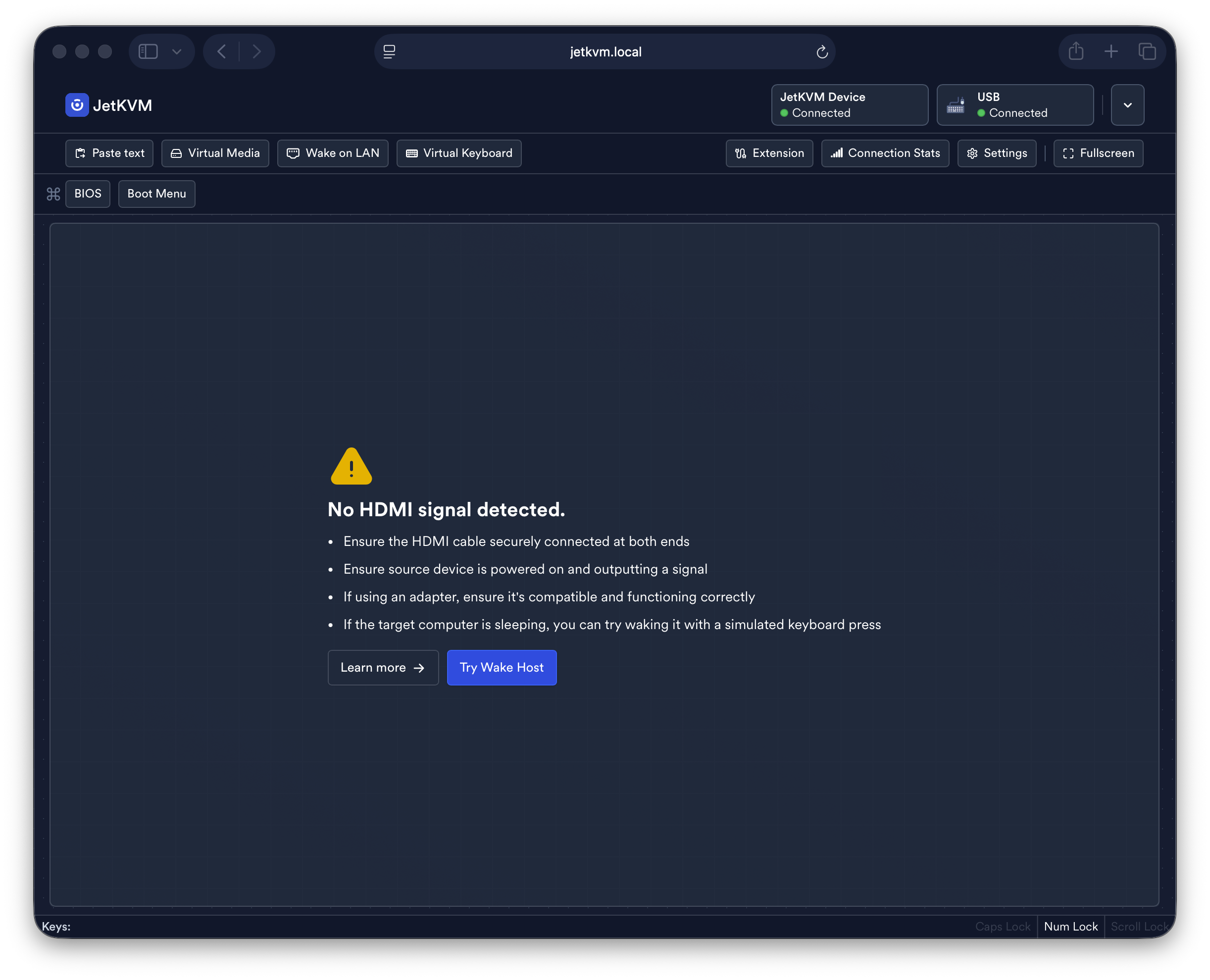 JetKVM web UI showing “No HDMI signal detected” when the host PC is asleep